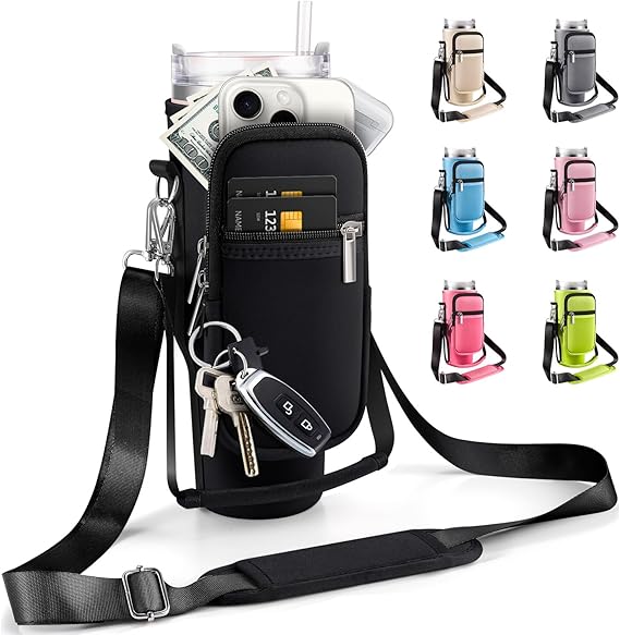 Water Bottle Carrier Bag for Stanley Cup 40 oz with Phone & Storage Pockets | Upgraded metal hooks, 2 Zippered pockets, Hand strap & adjustable shoulder strap, Durable neoprene, Straw cover included