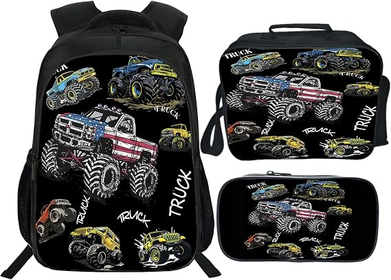 Truck Backpack 3PCS 16" Preschool Elementary Schoolbag with Lunch Box Pencil Case Bookbag Set for Girls Boys Kids Children Teens School Students