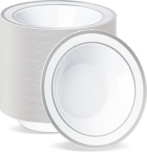 BESTVIP 100 Pack 12 oz Plastic Disposable Soup Bowls | White Dessert Bowls with Silver Rim, Heavy-duty Salad Bowl for Party, Wedding, Christmas, Dinner, Catering