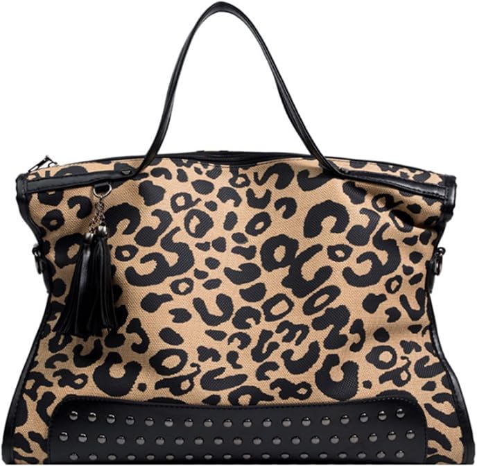 Leopard Purse,Women Studded Tote Handbags Animal Printing Punk Shoulder Bags Hobo Tassel Rocker Rivet