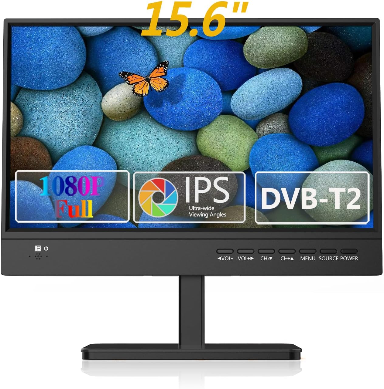 KCR 15.6 Inch 1080P Freeview Cable TV,Digital DVB-T2 Tuner,AV Input,HDMIVGA,USB Slot,Remote Control,Car 12 Volt or Mains Power