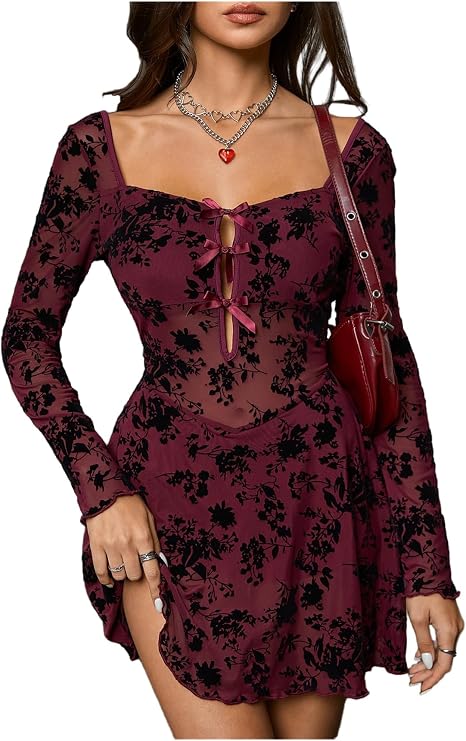 Milumia Women's Floral Lace Cut Out Mini Dress Sexy Long Sleeve Short Dress