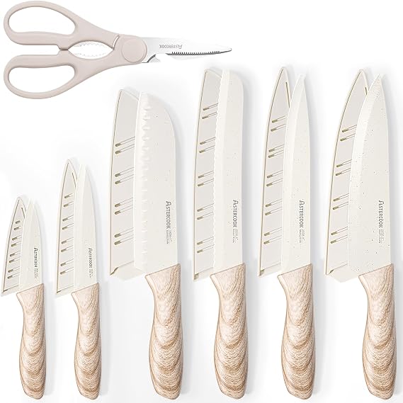 Astercook 7 Pieces Knife Set, Kitchen Knives Set with Healthy Anti-Rust Coating, Stainless Steel Wooden Handle Knife Sets with 6 Blade Guards