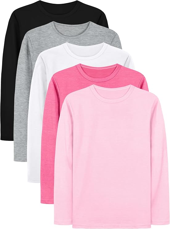 Cooraby 5 Pack Girls Long Sleeve Tees Girls' Soft T-Shirts Kids Basic Crewneck T-Shirts Top for Teen Youth Girls, 2T-16Y