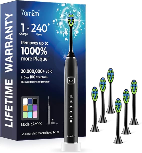 7AM2M Sonic Electric Toothbrush with 6 Brush Heads for Adults&Kids, One Charge for 120 Days, Wireless Fast Charge, 5 Modes, 40000VPM Powered Toothbrush, 2 Minutes Built in Smart Timer (Black)