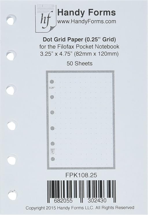Pocket Dot Grid Paper, 1/4 Grid. 50 Sheets, 3.25" x 4.75" | For 6-Ring Pocket Notebooks. dot grid paper, 1/4 spacing, light dots. Ink-friendly heavyweight paper. Archival Quality.