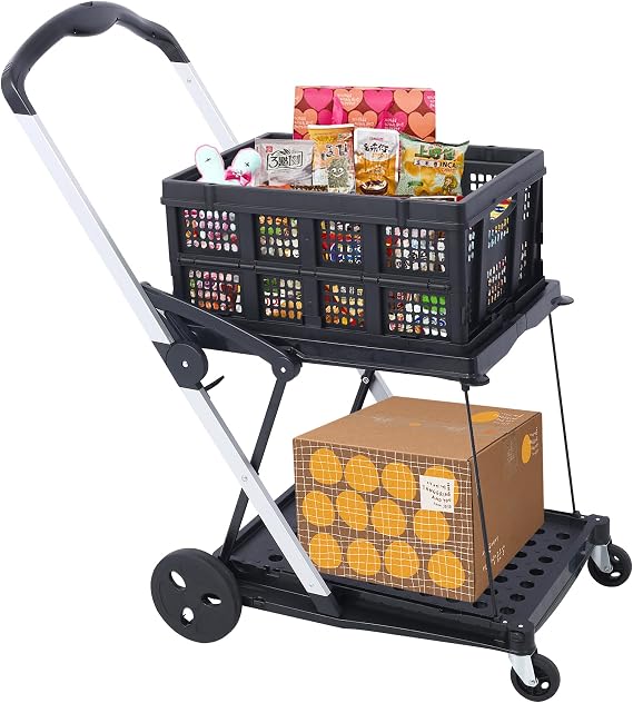 Collapsible Shopping Cart, Luxebough Multi Use Two Tier Collapsible Cart, 360 Swivel Wheels and Foot Brake, Portable Double Decker Design for Groceries Office Warehouse (Black)