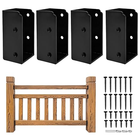 Deck Railing Bracket Connectors,U-Shaped Conclaled Brackets for 2" x 4"(Actual:1.5" x 3.5") Lumber,Deck Handrail Connectors for Wood Fences,Log Cabins W/Hardware (4Pack,Black)...