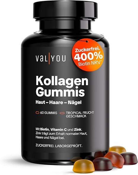 VALYOU Collagen Gummies - 60 Pieces for 2 Months - Tropical Fruit Flavour Zink & Biotin für Haut Haare Nägel - 1.200mg Kollagen aus Kollagenpeptiden - Beauty Routine - Zuckerfrei & laborgeprüft
