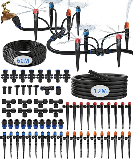 72m Irrigation System Kit For Garden with 40 Nozzles, Watering System | All Quick-Connect, with 12m 1/2" & 60m 1/4" Fast-Lock Tube. For Greenhouse, Raised Garden and Potted Plants