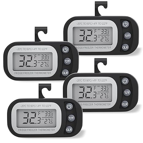 Digital Frigerator Thermometer 4 Pack, Waterproof Fridge and Freezer Thermometer, Fridge Temperature Monitor with Large LCD Screen, Stand and Magnetic Back, for Room,Kitchen(White)