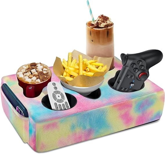 Couch Cup Holder Pillow, 5 Hole Couch Drink Holder! Keep Drinks Hand Side and Keep Temp, Prevent Spills and Use Anywhere. Cup Holder for Couch, Bed, Camping, RV, Car, Beach. Pink Blue Yellow