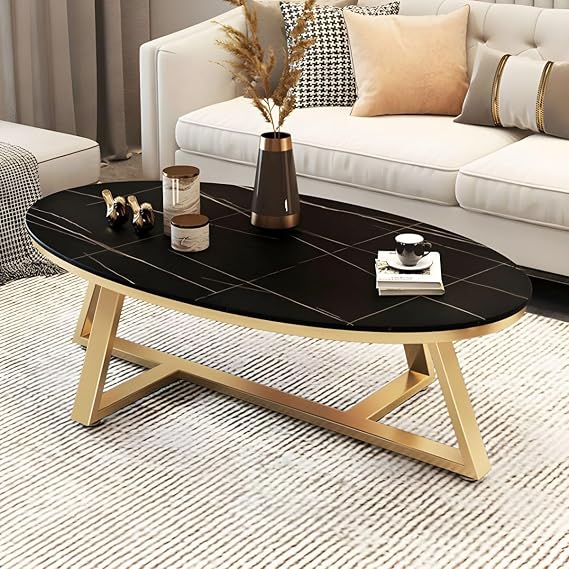 Faux Marble and Stone Coffee Table With Cross Legs - Nordic Slate Oval Cocktail Table for Living Room - Black Top, Gold Base - 39.5" L x 19.5" W x 18" H