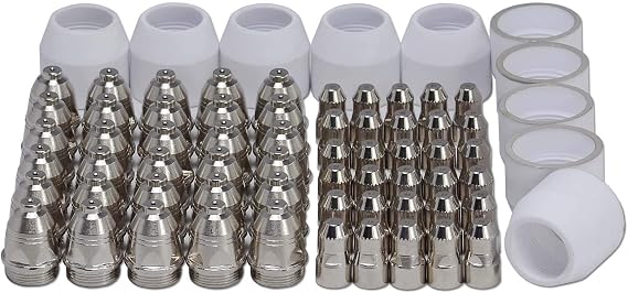 RIVERWELD P-80 Plasma Cutter Torch Tip 0.059" 1.5mm 100A TET01512 kit 70pcs | Electrodes with Hafnium Wire TET02033 Alumina Nozzle Shroud Ceramic Cup Silver-Gilt TGN02004