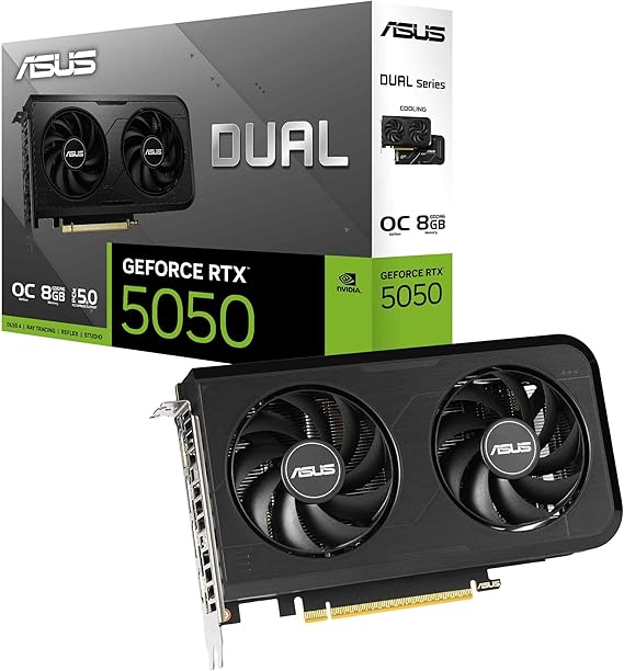 ASUS Dual GeForce RTX 5050 8GB GDDR6 OC Edition (PCIe 5.0, 8GB GDDR6, DLSS 4, HDMI 2.1b, DisplayPort 2.1b, 2-slot, Axial-tech fan design, 0dB technology, Dual BIOS)
