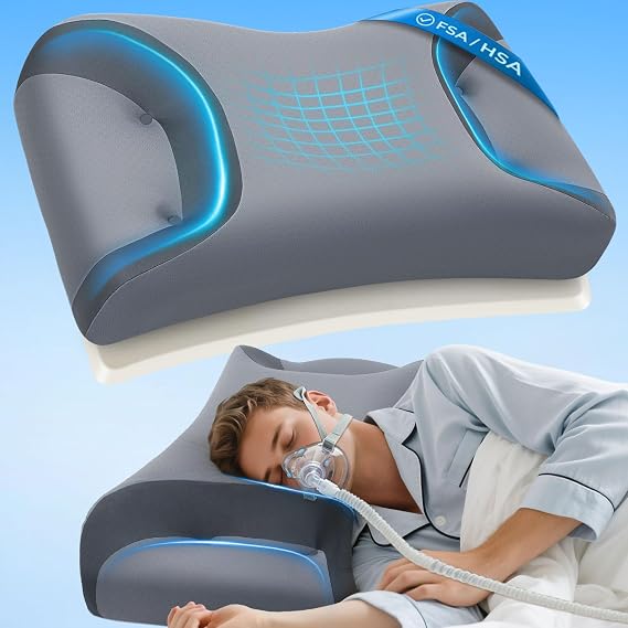 HSA/FSA CPAP Pillow for Side Sleepers with Larger Cutouts Adjustable Height Memory Foam Fits Most Nasal/Full-Face/Pillow Masks Helps Reduce Mask Pressure & Air Leaks Cooling Washable Cover