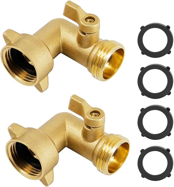 90 Degree Brass Garden Hose Elbow Connectors With Shut Off Valves | 3/4" Water Hose Connectors and Fittings Heavy Duty Hose Pipe Adapter for RV Water Hookups Residential Outdoor Faucets