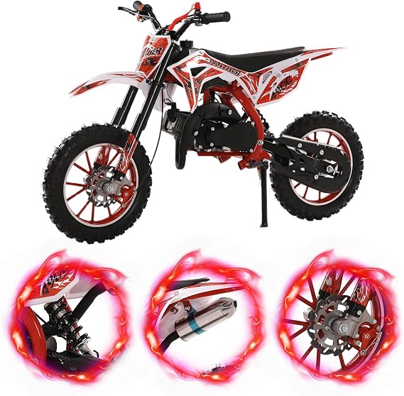 Kids Dirt Bike-50cc Dirt Bike for Kids and Adluts, Mini Bike with 2-Stoke Ages 8-14, Gas Power Motocross, Off Road Mini Motorcycle,Gas Bike Load 330Lb Red Red