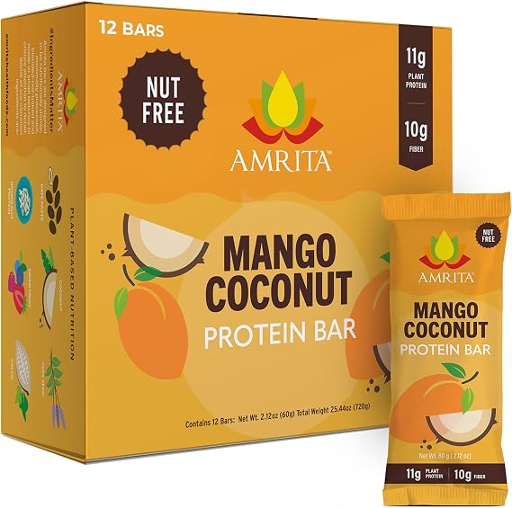 Amrita Nut Free Vegan Protein Bars 12 Pack, 11g Plant Based, Gluten Free | Mango Coconut Protein bars, Peanut Free, Dairy Free, High Fiber, Low Sugar School-Safe Snacks & Breakfast