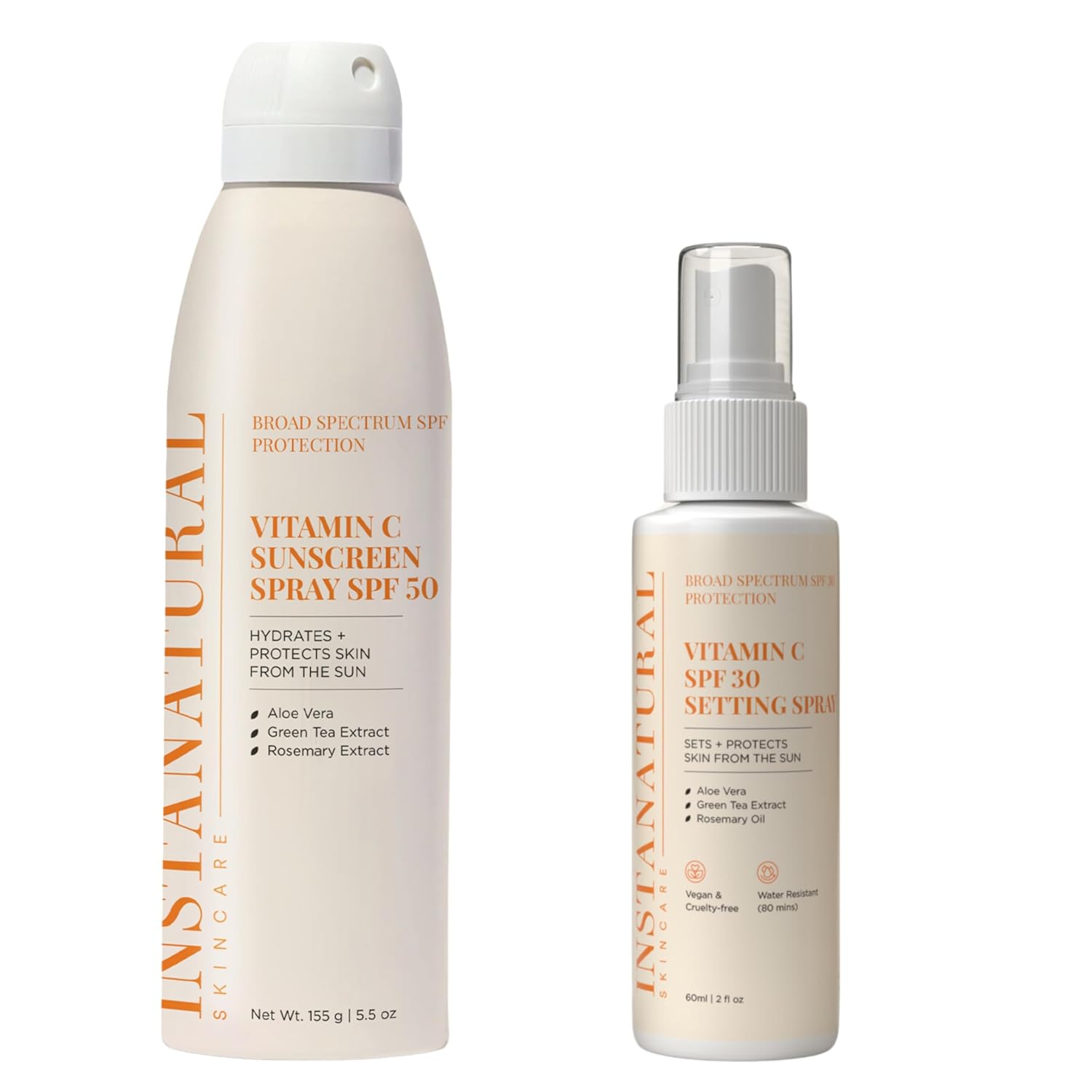 InstaNatural Skin Care Vitamin C SPF 50 Sunscreen Spray & SPF 30 Make Up Setting Spray Bundle, Lightweight, Non-Greasy formula for Body & Face, UVA, UVB Sunblock, with Aloe Vera & Botanicals