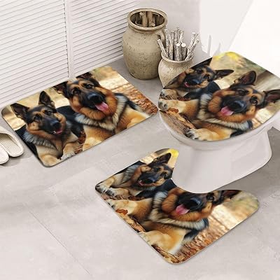 German Shepherd Dog Print Bathroom Rugs Sets 3 Piece Non Slip Quick Dry Bath Mat Soft Absorbent Plush Bath Carpet Shaggy Bath Mats Machine Washable Bath Mats for Bathroom Tub Shower Kitchen