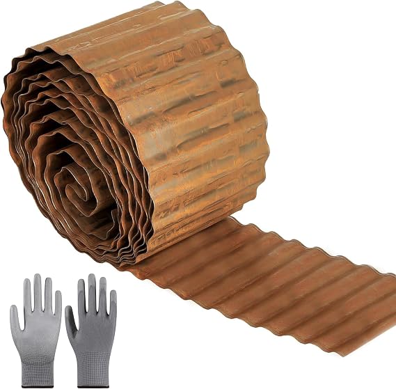 10 m x 14.5 cm high lawn edging made of metal corten steel lawn edging rust look flower bed border for DIY lawn mowing edge flower bed edging with 1 pair of gloves lawn edging galvanised metal