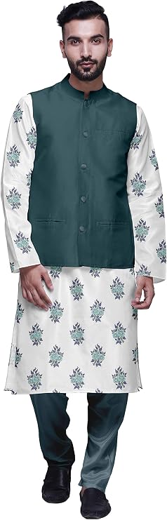 Atasi Printed Kurta with Solid Pajama & Nehru Jacket Set for Mens Party Wear