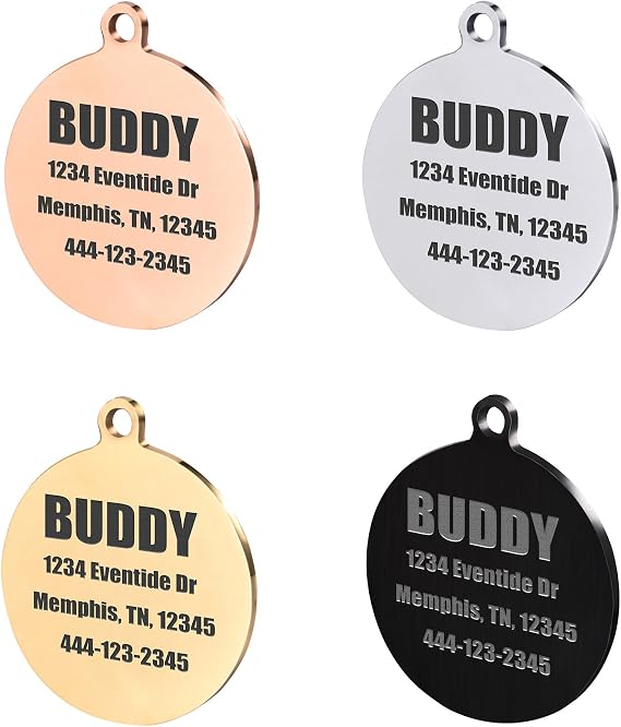 Caramel Personalized Round Pet ID Tag with Double-Sided Engraving Black | Round Shape Design, Stainless Steel Finish, 4 Colors Options, Custom Pet Information 1 Inch