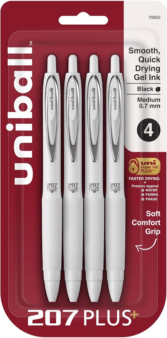 Uni-Ball 207 Plus+ Retractable Gel Pens, Medium Point, 0.7 mm, White Barrels, Black Ink, Pack of 4 Pens