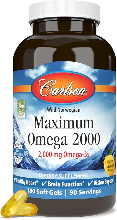 Carlson Maximum Omega 2000, 2000 mg, Wild-Caught, Lemon, 180 Softgels | Omega-3 Fatty Acids Including EPA and DHA; Norwegian Fish Oil Supplement; Sustainably Sourced Fish Oil Capsules