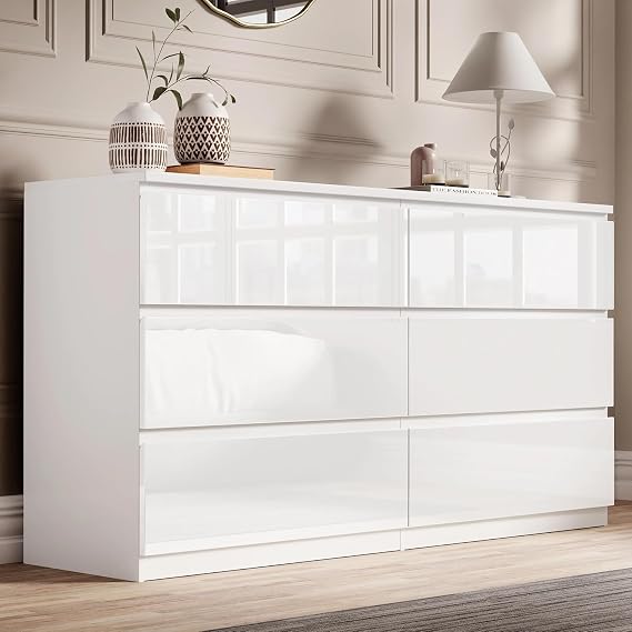 Blisswood High Gloss Chest of Drawers 6 Drawer Bedroom Storage Cabinet with Metal Runners, Chest for Clothes Storage, Modern Living Room Hallway Nursery Office Furniture 40D x 120W x 77H CM White