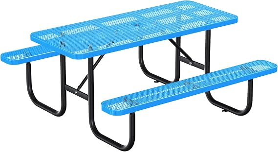 Heavy-Duty Park Bench or Table for Outside - Black Coated Outdoor Furniture Steel Bench, Commercial-Grade Outdoor Benches Weatherproof for Park, Patio, Porch (Blue, 6FT (Rect. Table))