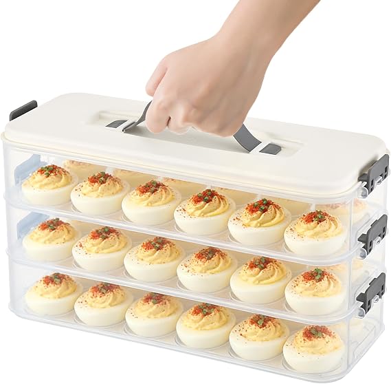3-Layer Deviled Egg Container with Lid and Handle, Clear Plastic Deviled Egg Carrier for Fridge, Portable Stackable Eggs Holder Platter for Easter Party Picnics Camping Travel