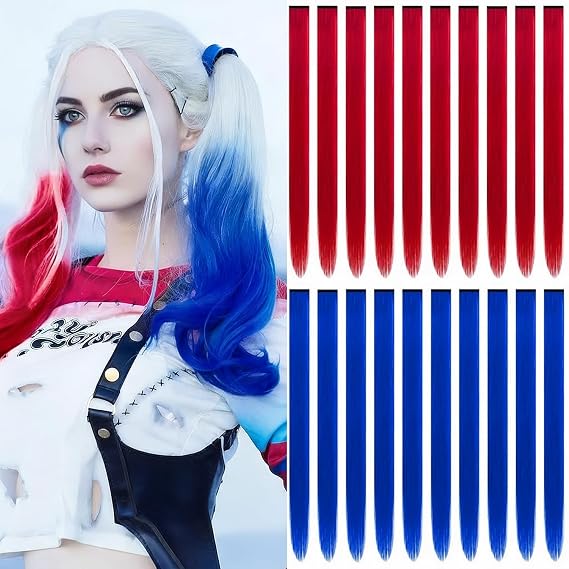 Red and Blue Hair Extensions Clip in 20 PCS, Colored Hair Extensions Party Highlights, Colorful Straight Synthetic Hairpiece for Kids Girls Women Girls Cosplay Gifts(22-inch)