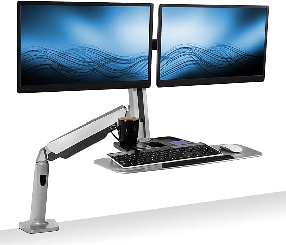 Mount-It! Dual Monitor Arm Desk Mount Sit-Stand Workstation, Standing Desk Converter with Keyboard Tray & Storage, Fits Two 2027 Screens, 13.2 lbs Each, VESA 75x75 100x100, Clamp Base