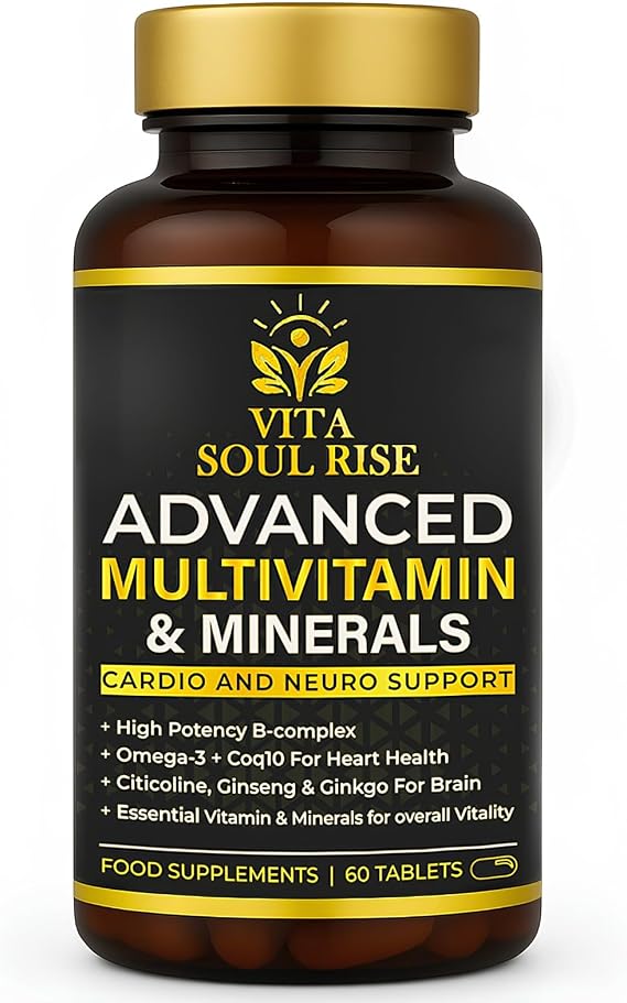 Multivitamin Tablets for Women & Men - Cardio & Brain Support with CoQ10, Omega-3, B-Complex, Ginseng & Ginkgo - Advanced Multivitamin & Minerals - 60 Tablets