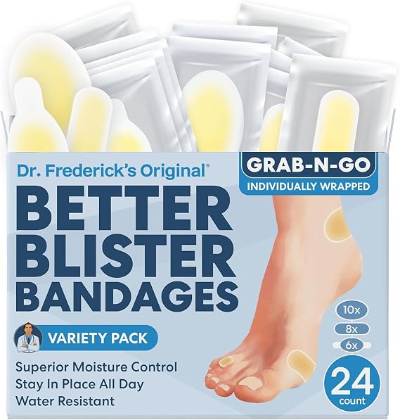 Dr. Frederick's Original Better Blister Bandages - 24 ct - Healing Blister Pads - Grab-N-Go - Water Resistant - 40% More Cushioning - Hydrocolloid - Feet, Toe, Heel Blister Prevention - Variety Pack