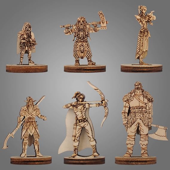 CZYY DND Miniatures Starter Set, 6 Double-Sided 28mm RPG Figures | 2.5D Front & Back Artwork, 1/5 in Birch Plywood, 1 in Round Bases, Six Party Roles, For Players, NPCs and RPG Encounters