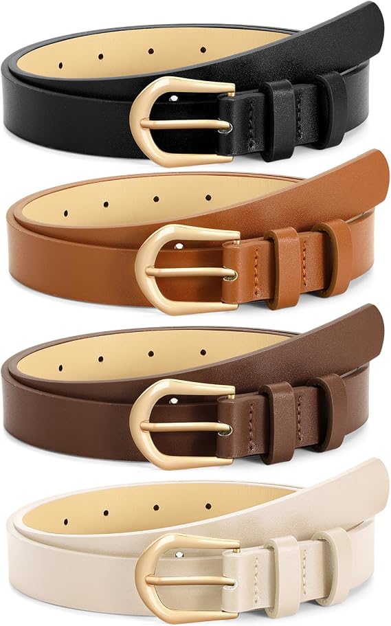 VONMELLI 4 Pack Womens Thin Leather Belt Skinny Waist Belts for Women Fashion Jeans Dress with Gold Buckle