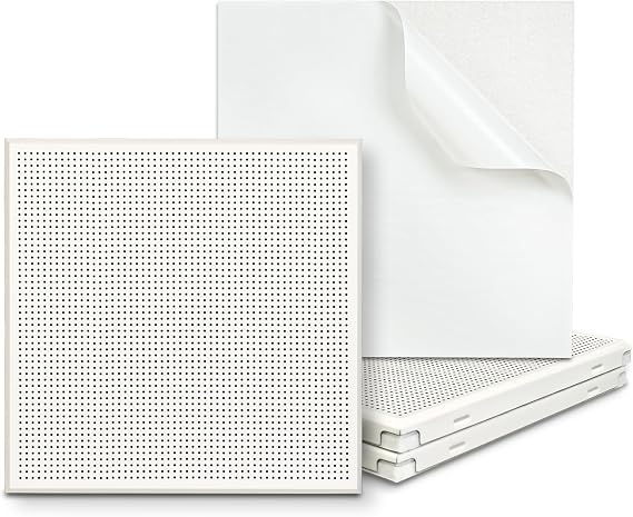 TroyStudio Perforated Aluminum Acoustic Panels, 4 Pcs 12" x 12" x 0.8" Self-adhesive Sound Absorbing Panels, Easy Clean Soundproof Wall/Ceiling Tiles, Decorative Boards for Home Studio, Gaming Room