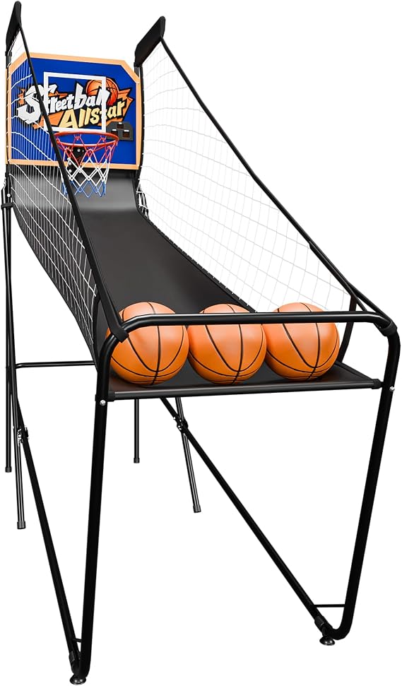 Electronic Arcade Basketball Game with Electronic Scoreboard, Foldable Indoor Single Basketball Shooting Game, 3 Balls & Pump, Blue Yellow