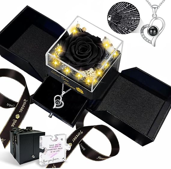 Preserved Rose and I Love You Necklace, Light-Up Romantic Gift for Her