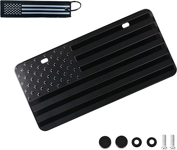American Blck USA Flag Embossed Custom Designed Aluminum Metal 2 Hole Novelty License Plate, 3D Stars and Stripes Patriotic Vanity Gift Proud US Flag Keychain (Black)