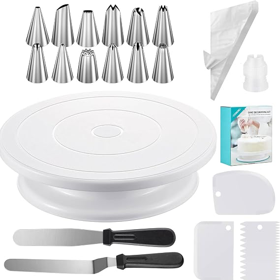 69 PCS Cake Decorating Kit with 12'' Cake Stand Turntable | 50 Piping Bags, 12 Piping Tips & Coupler, 2 Spatula, 3 Scrapers, Professional Cake Decorating Tools
