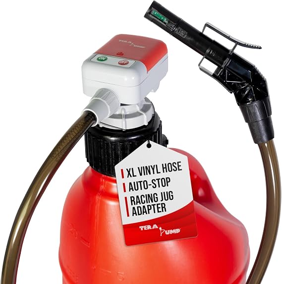 TERA PUMP Next Generation Rain-Resistant Gas Fuel Pump | 4.25-ft Long Vinyl Hose, Battery-Powered Electric Siphon, Auto Stop System
