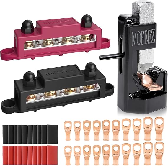 MOFEEZ 2pcs Power Distribution Block Bus Bar 4 3/8" Posts, 6 #8 Screws & Hammer Lug Crimping Tool with 20pcs Terminal Connectors and 3:1 Heat Shrink Tubes for 8 AWG - 0000 AWG Cables