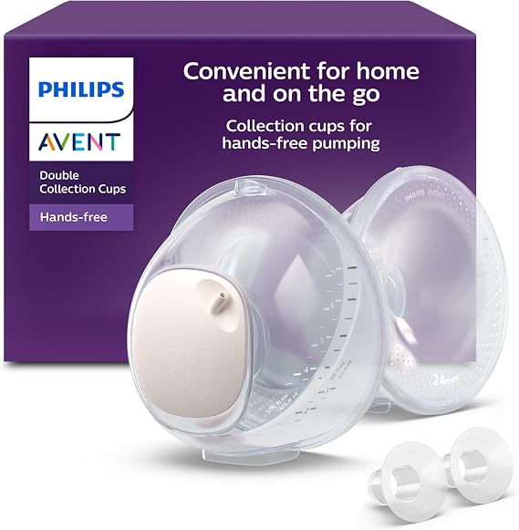 Philips Avent Hands-Free Double Collection Cups, Ultra-Light & Transparent Collection Cups for Electric Breast Pump, 4 Breast Shields (2X 21mm, 2x24mm), 2X 19mm Shield Inserts, Sizing Card, SCF439/01