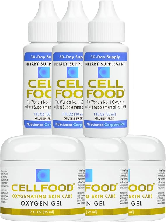 Cellfood Skin & Cellular Repair Bundle 3 Pack Oxygen Boost Liquid Supplement + Oxygen Gel Internal & Topical Oxygen Support for Skin Hydration & Wellness