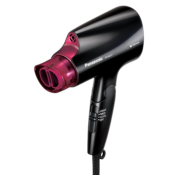 Panasonic nanoe Compact Hair Dryer for Healthy-Looking Hair, 1400W Portable, Folding Handling and Quickdry Nozzle for Fast Drying EH-NA27-K (Black/Pink)