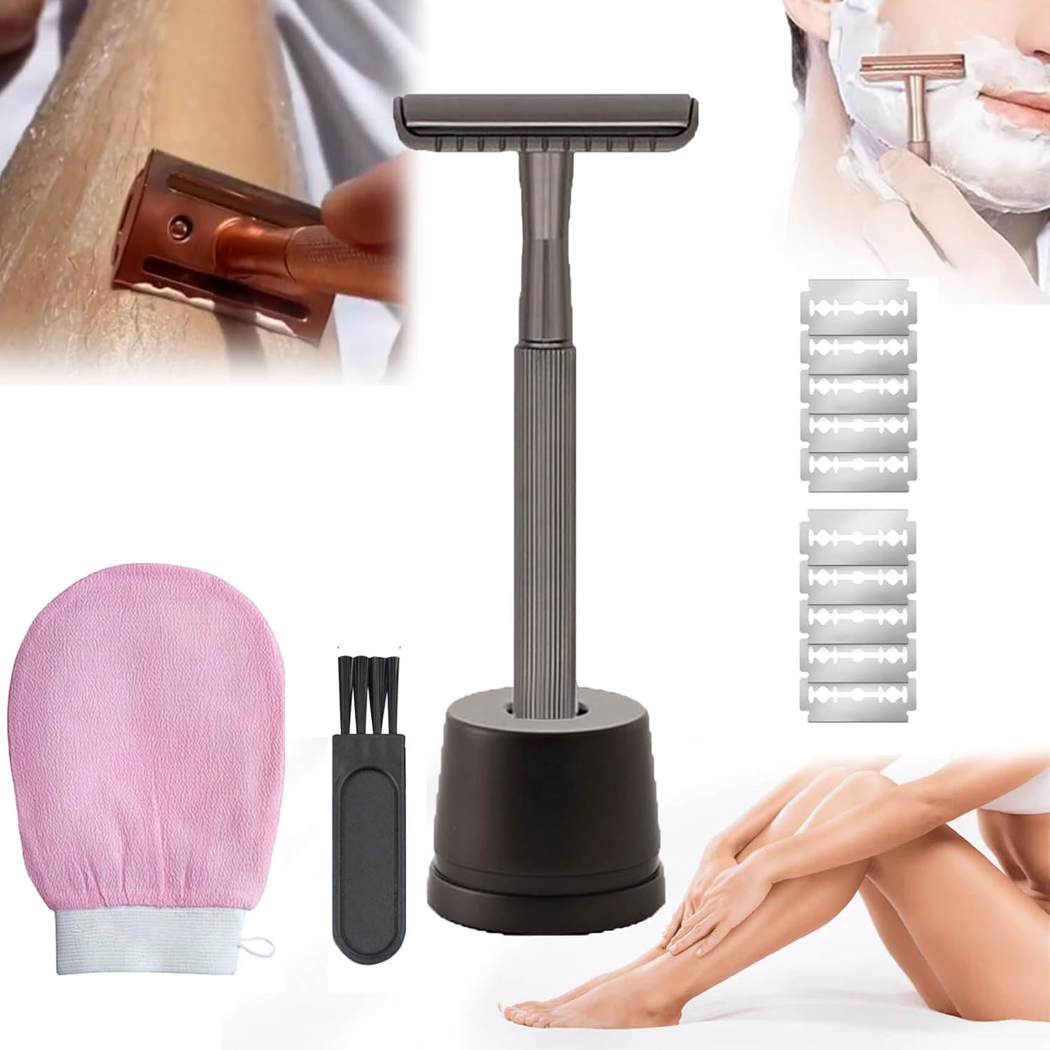 Camelie Eco Razor 2.0 Kit - Painless Double Edge Safety Razor With 10 Reusable Blades, Smoothen Legs, Ditch The Plastic Black